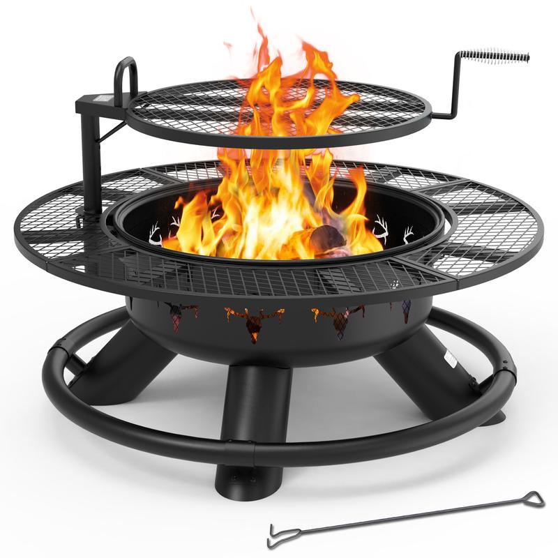 36/42/47" 3-in-1 Fire Pit Table, Extra Large Wood Burning Outdoor Firepit with Lid & Poker