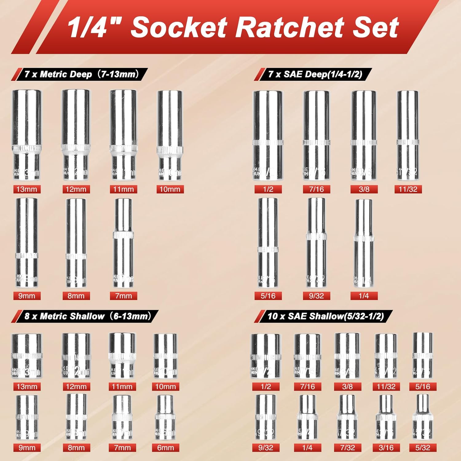 46 Pieces 1/4 inch Drive Socket Ratchet Wrench Set