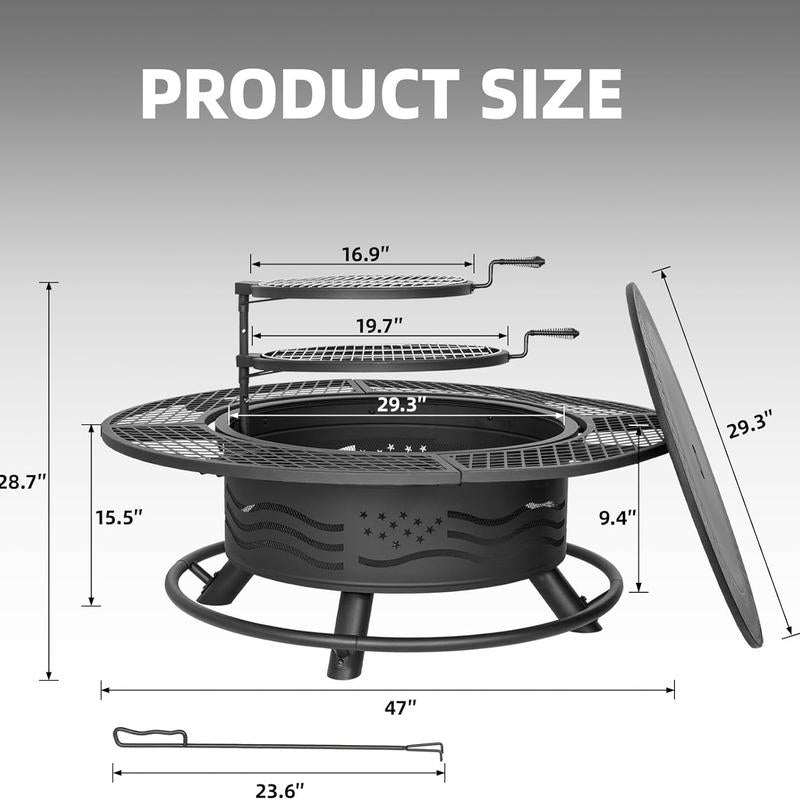 36/42/47" 3-in-1 Fire Pit Table, Extra Large Wood Burning Outdoor Firepit with Lid & Poker